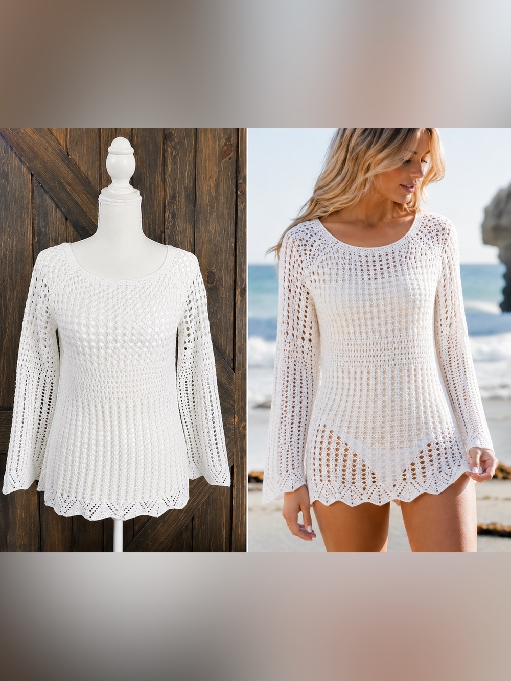 NY Collection Petite Small White Crochet Open Knit Sweater Boho Beach Cover Up
